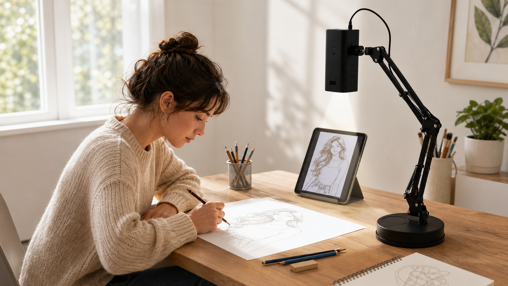 Artist drawing at a warm studio desk with the Artpanda Y02 positioned above the paper
