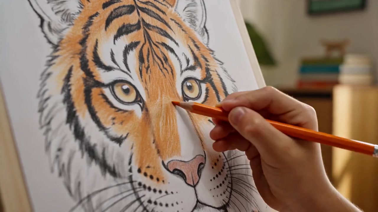A hand adding colored-pencil detail to a tiger drawing