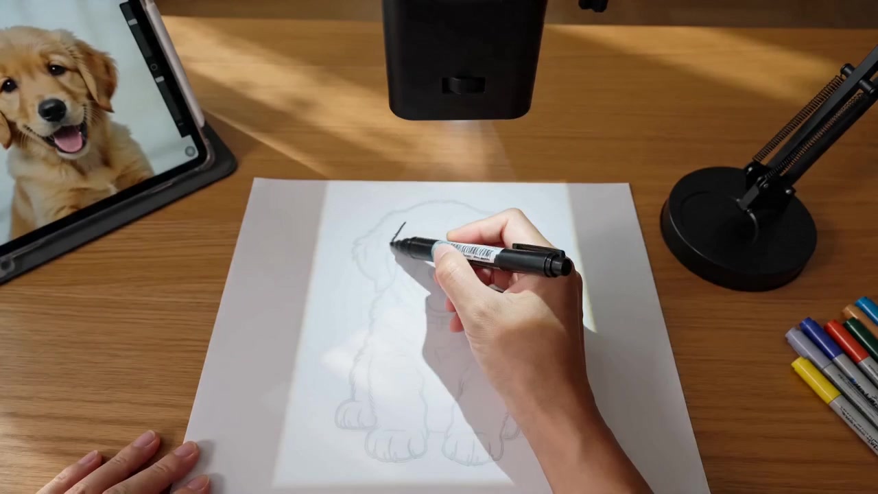 A puppy reference beside a hand tracing its projected outline